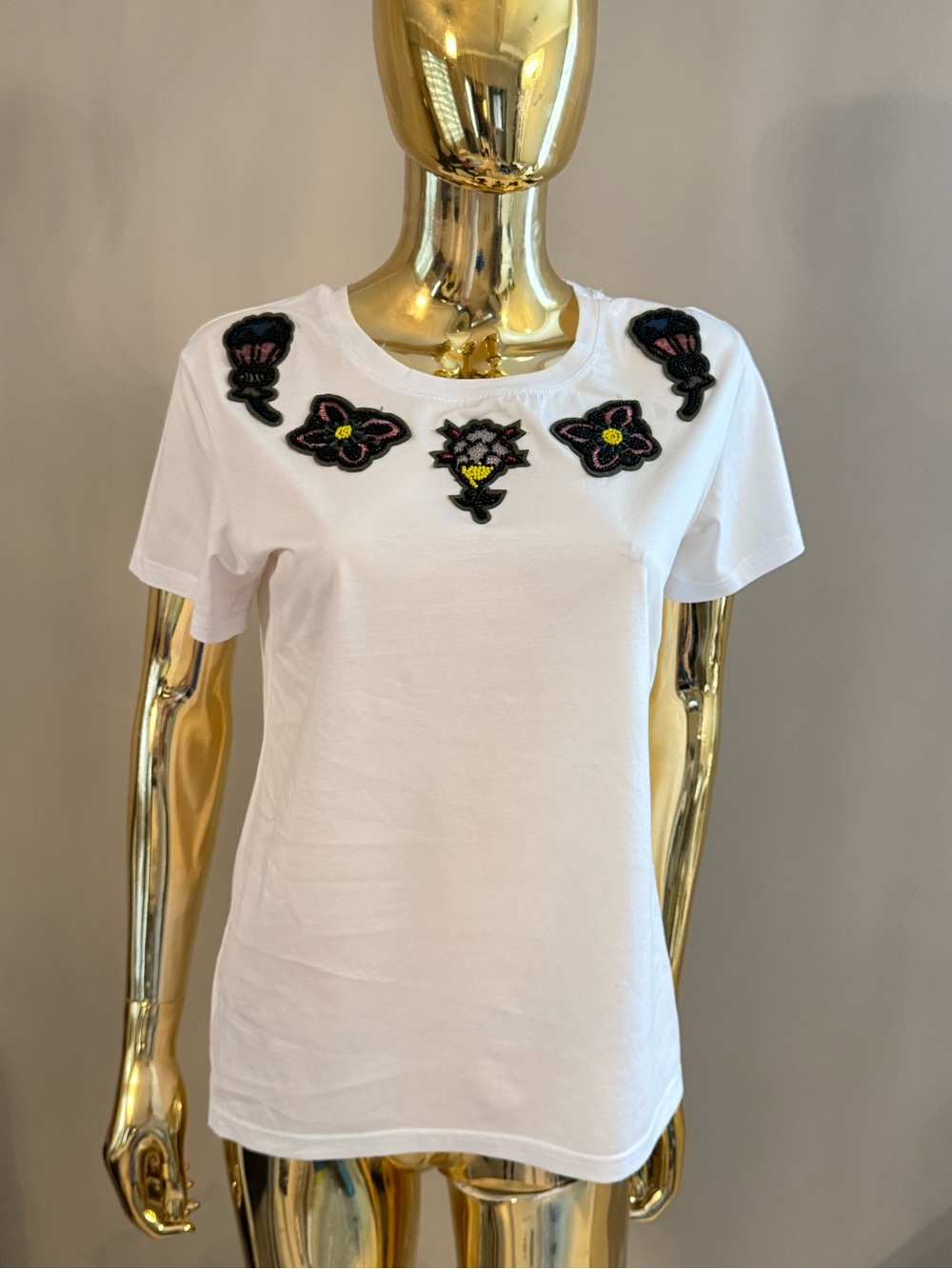 Women’s White Embroidered Floral Neck Tee